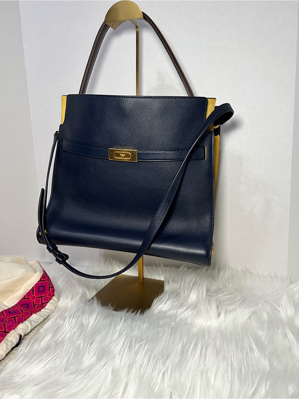 Tory Burch Lee Radziwill Navy Leather Double Bag with Yellow Trim